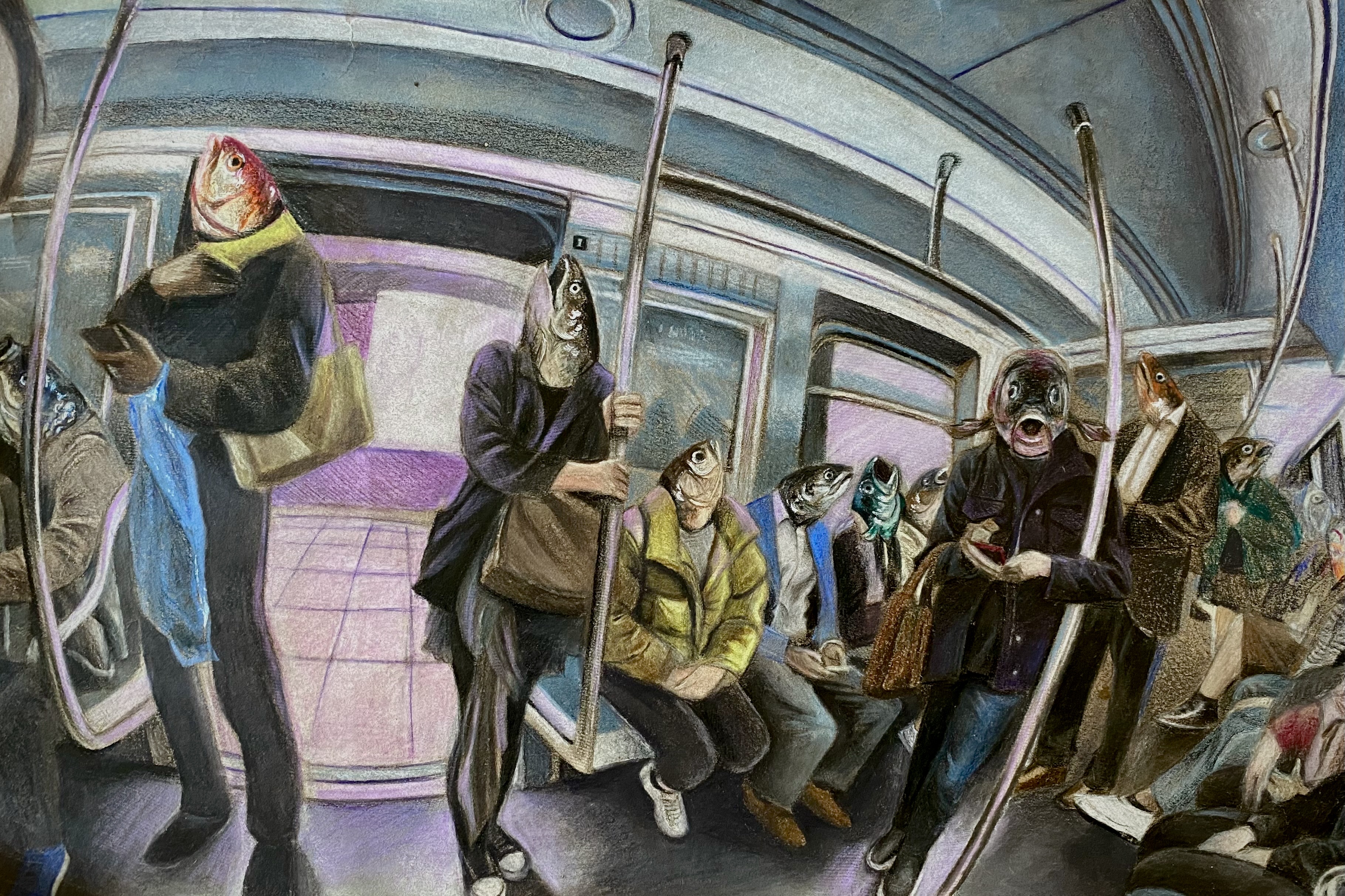 anonymous, fish-headed commuters sharing a subway car