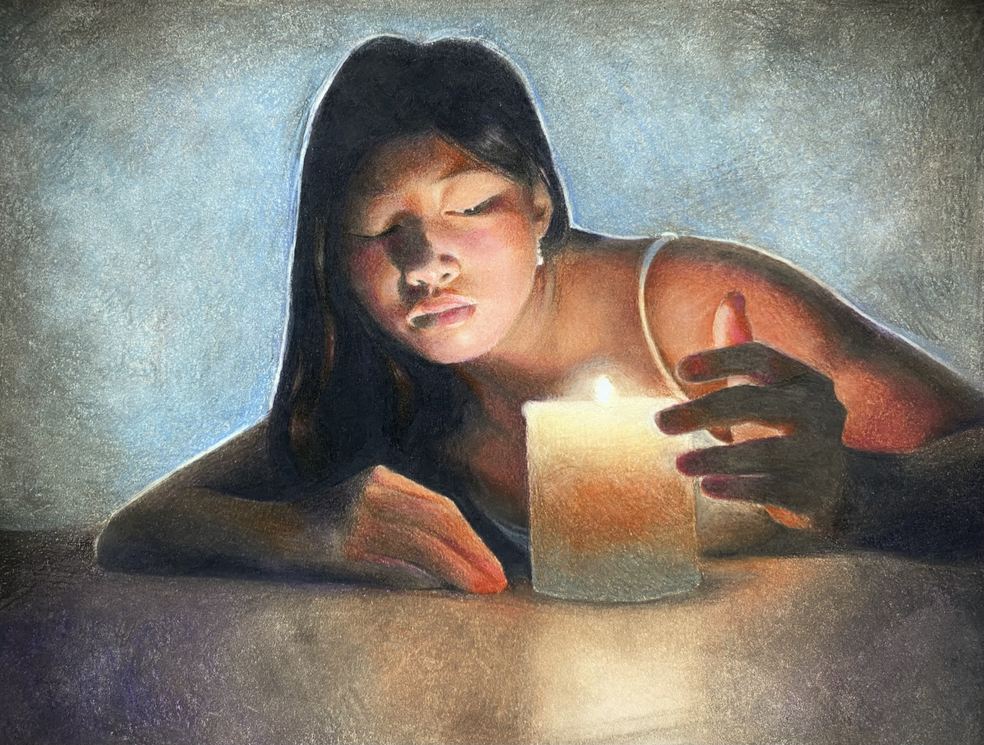dwindle, a figure lit by a glowing candle