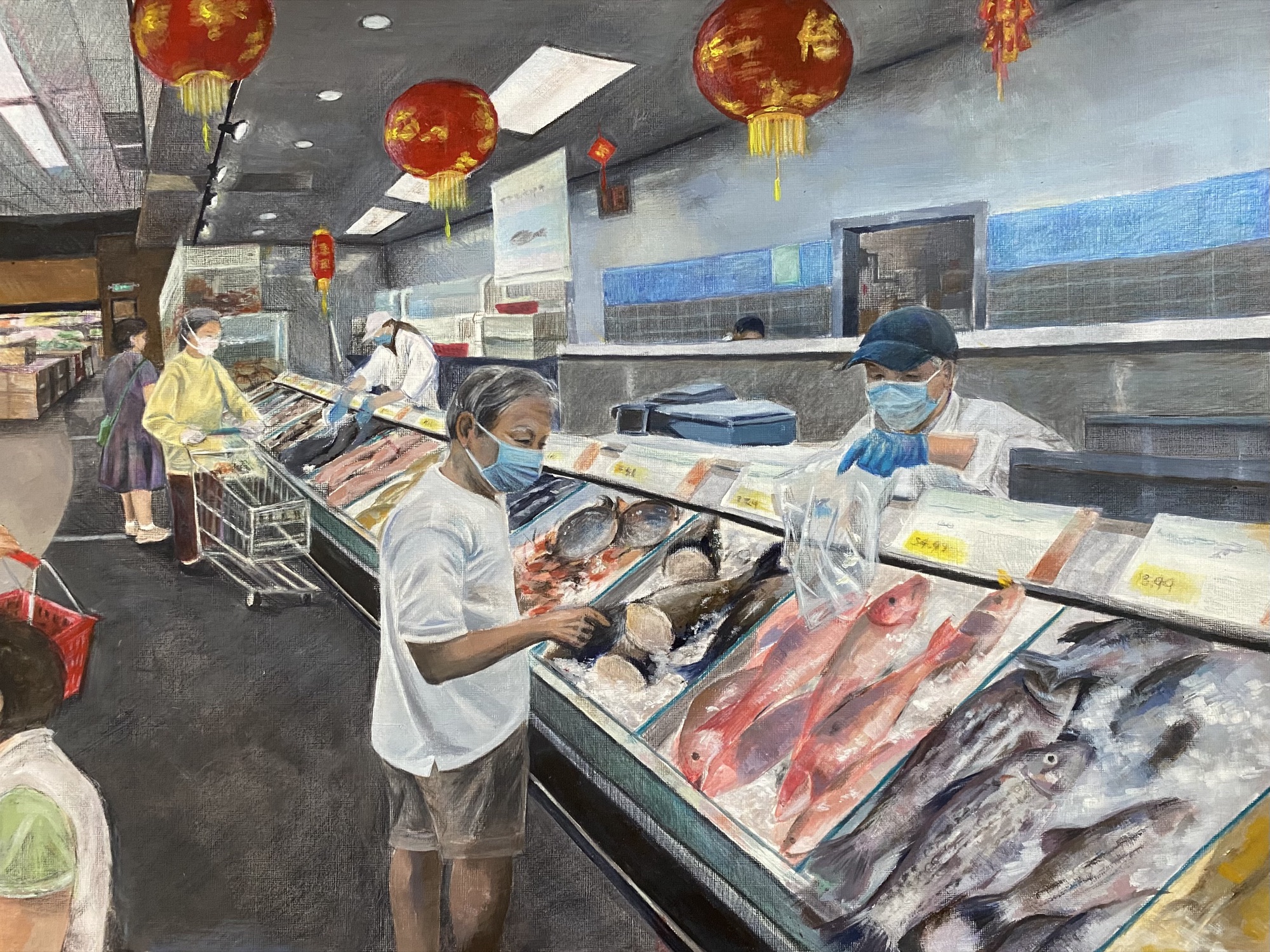 99 ranch fish market, a busy fish counter beneath red lanterns