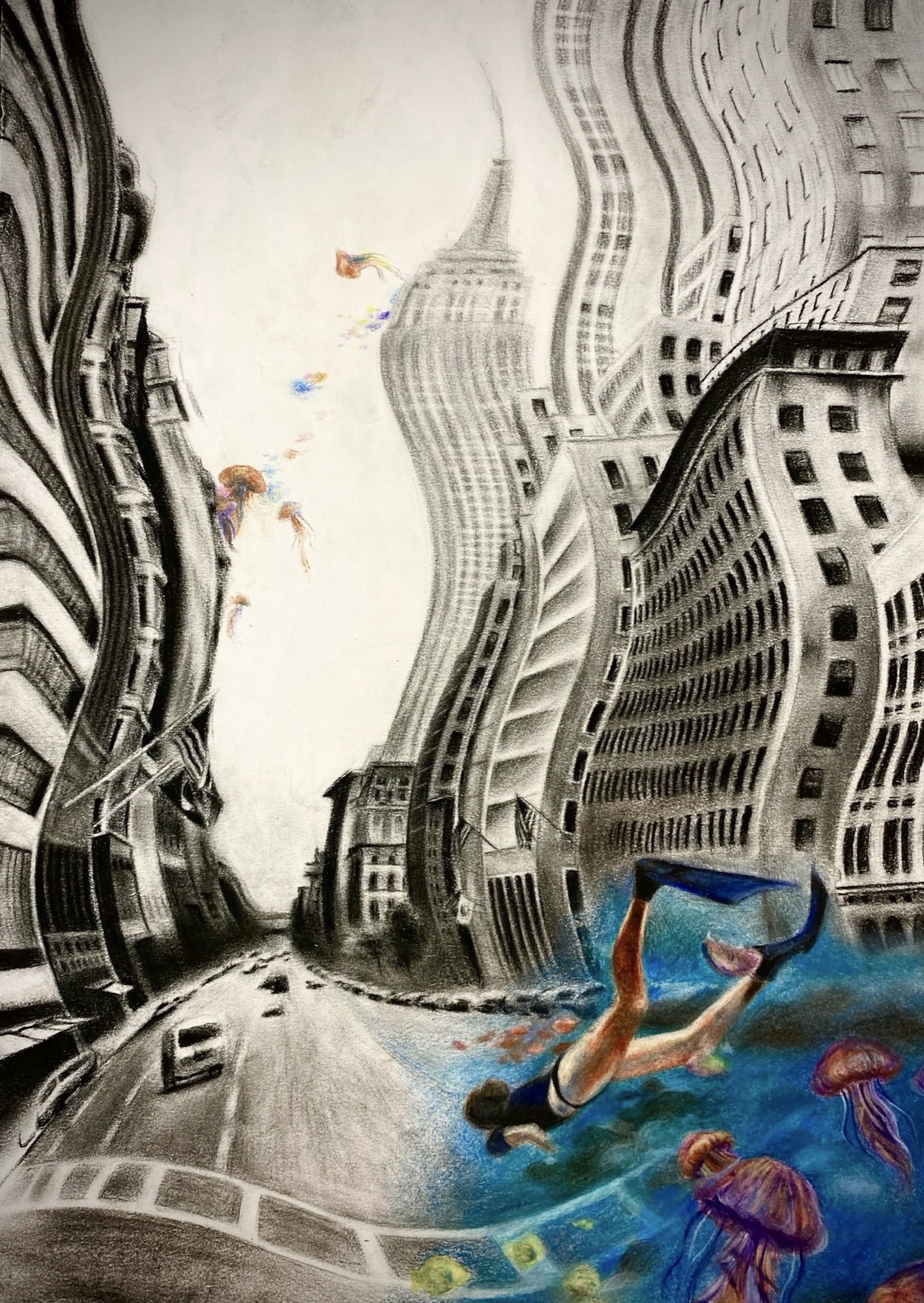 the plunge!, a diver moving through a flooded city