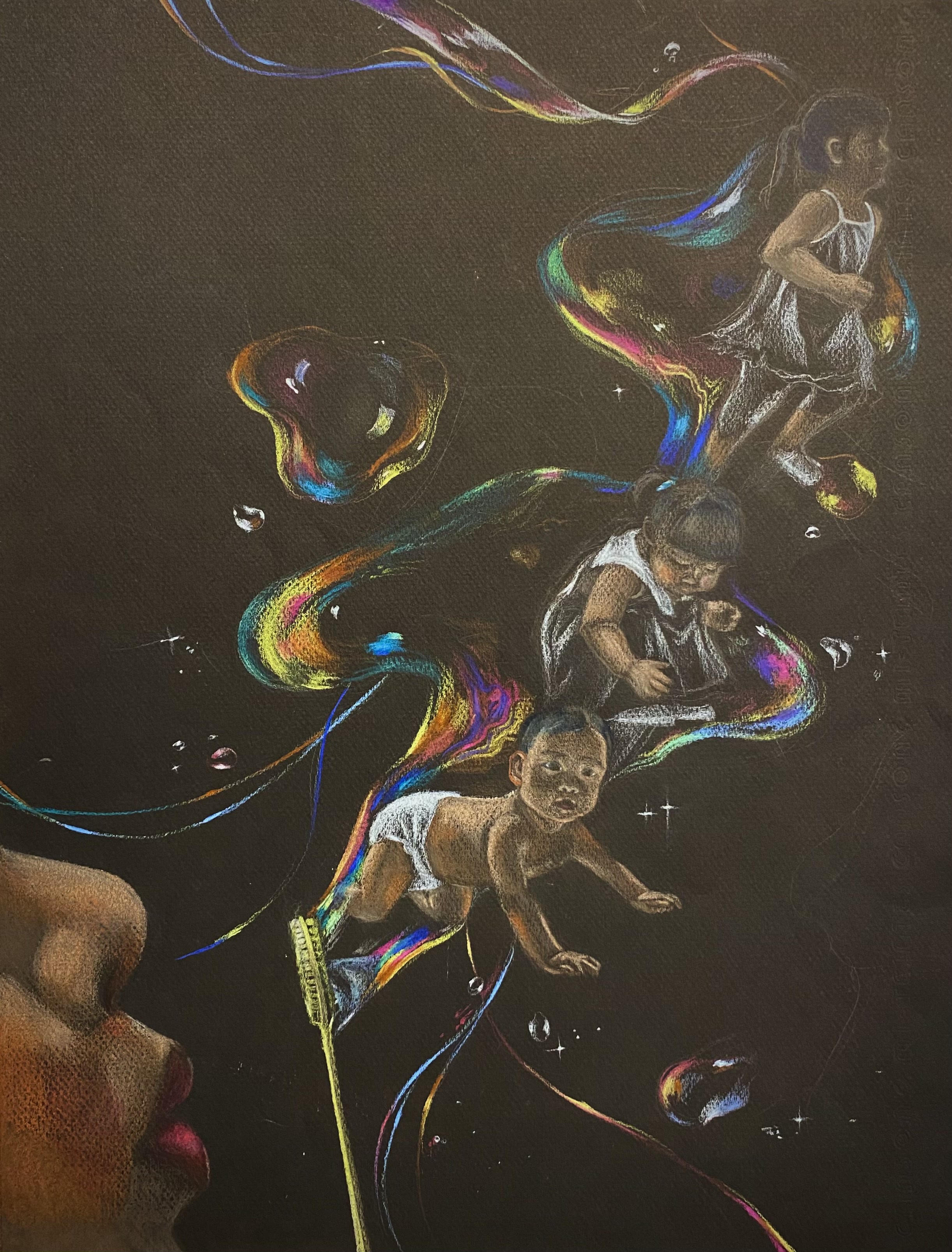 airborne, figures moving through colorful bubble trails