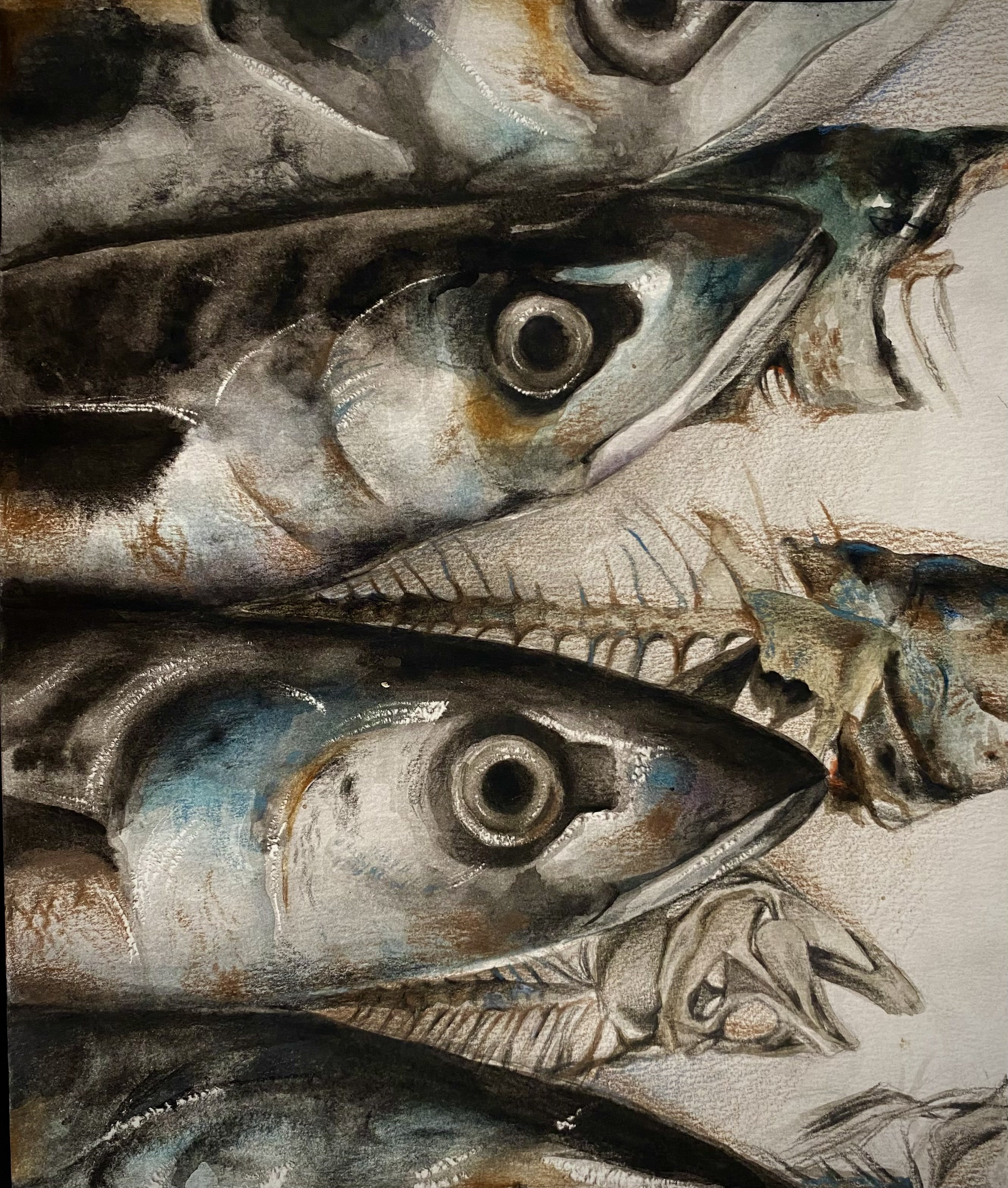 go fish!, stacked fish and skeletons in watercolor and colored pencil