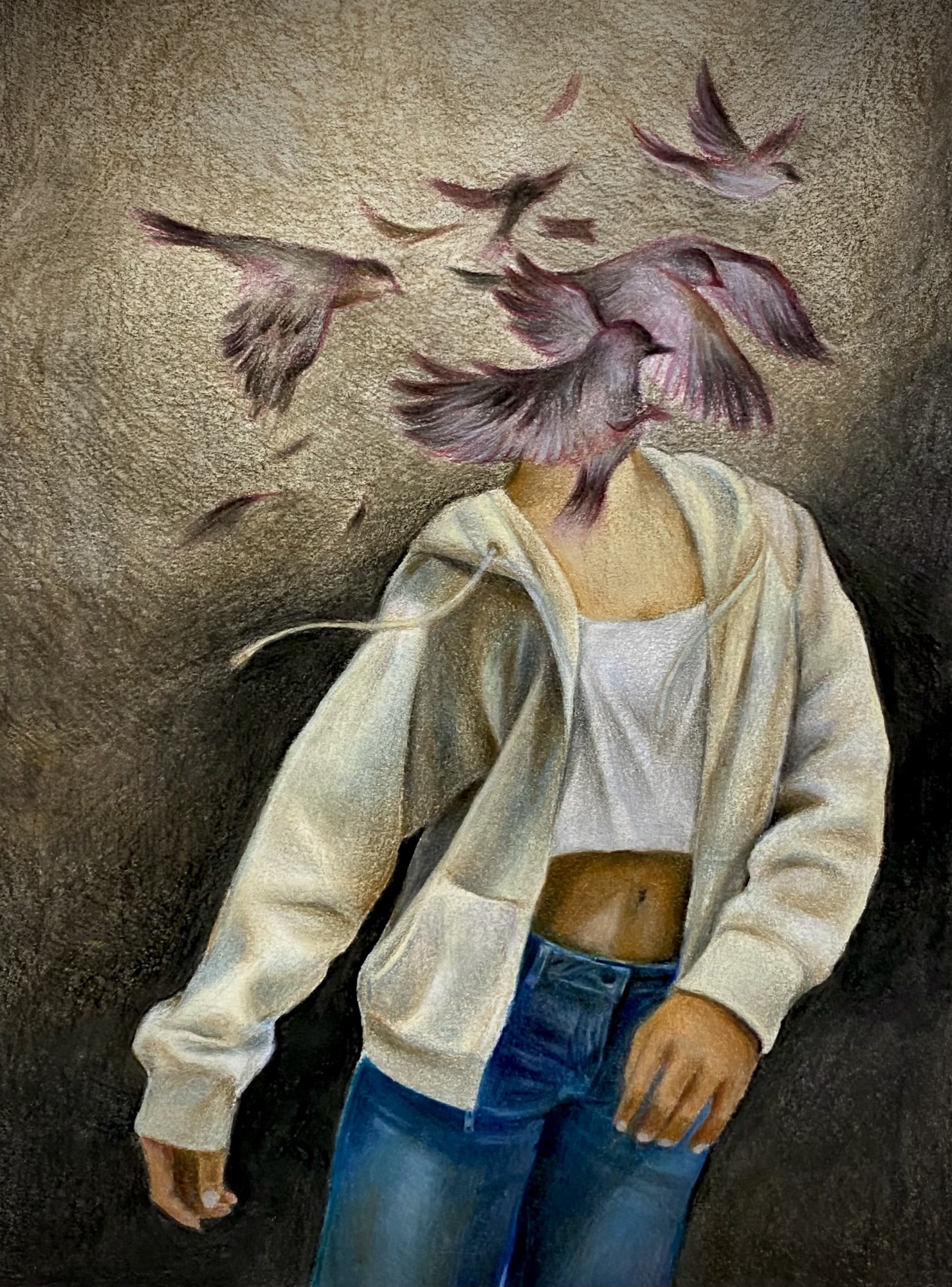 untitled, a figure whose head becomes a flock of birds