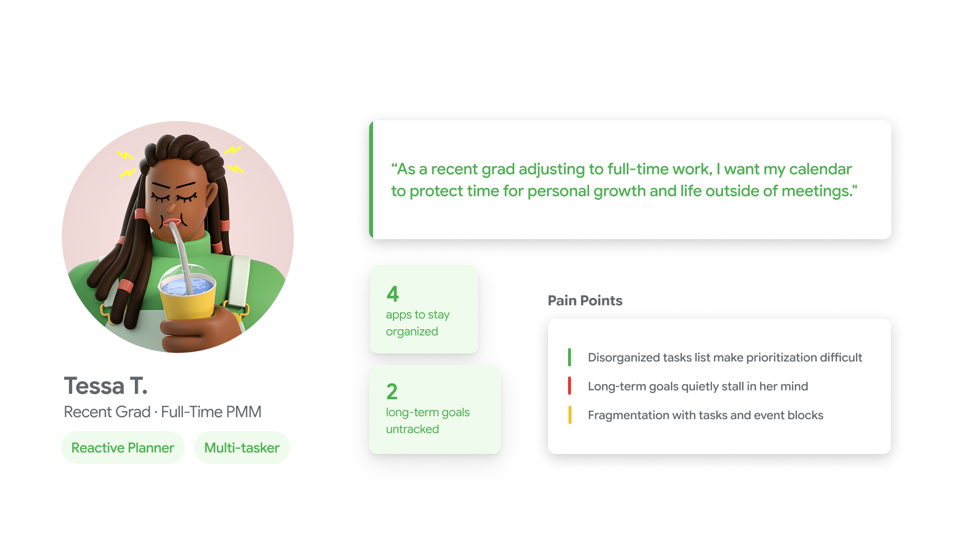 Persona card for Tessa T., a recent grad and full-time PMM balancing work and personal growth