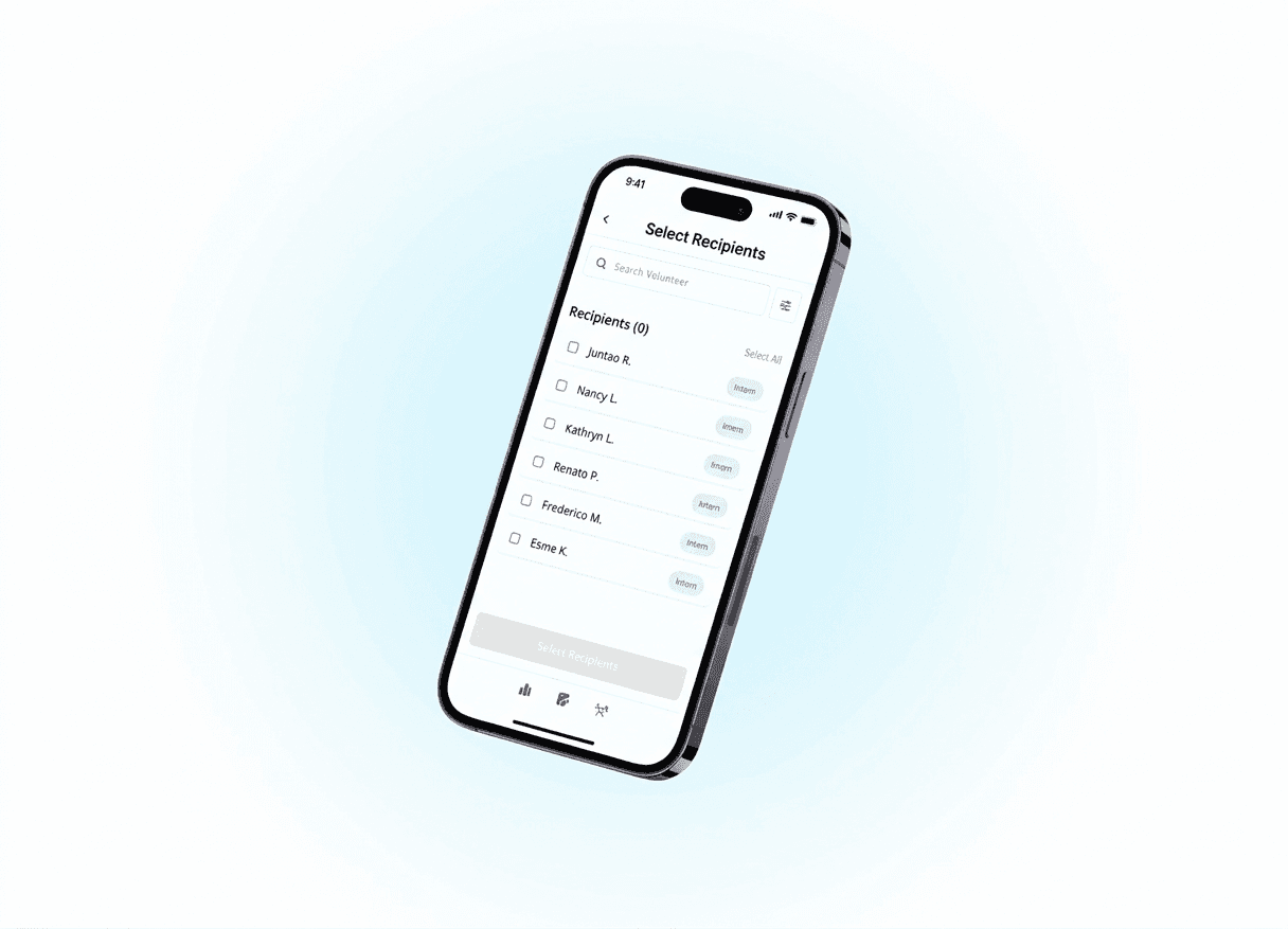 Home Start volunteer management app — select recipients screen