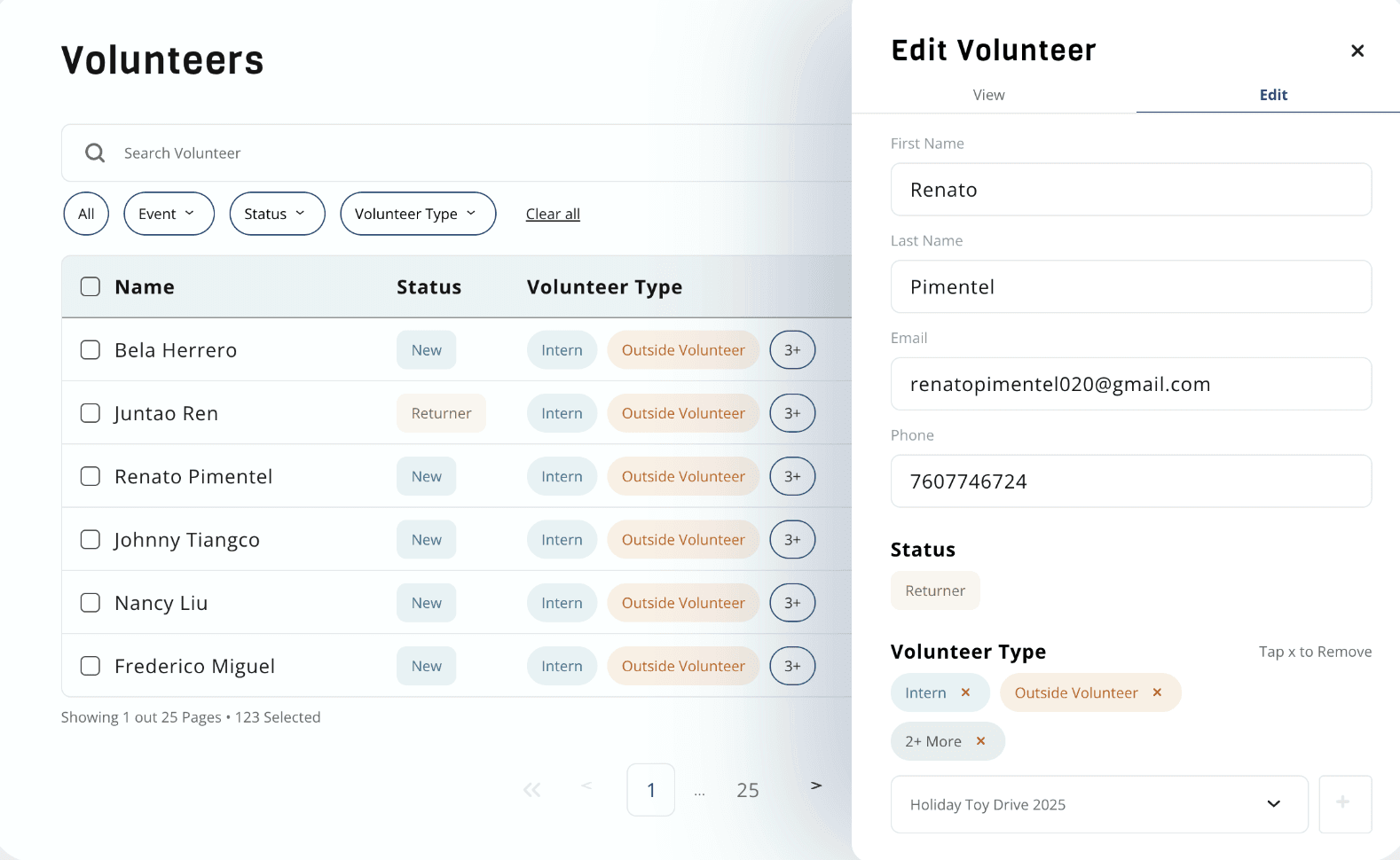 After iteration: updated volunteer list with edit panel