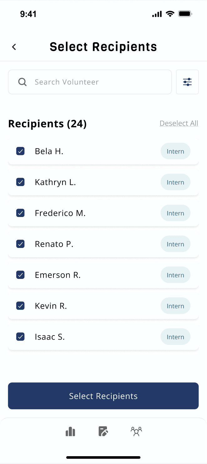 Updated Select Recipients screen after iteration