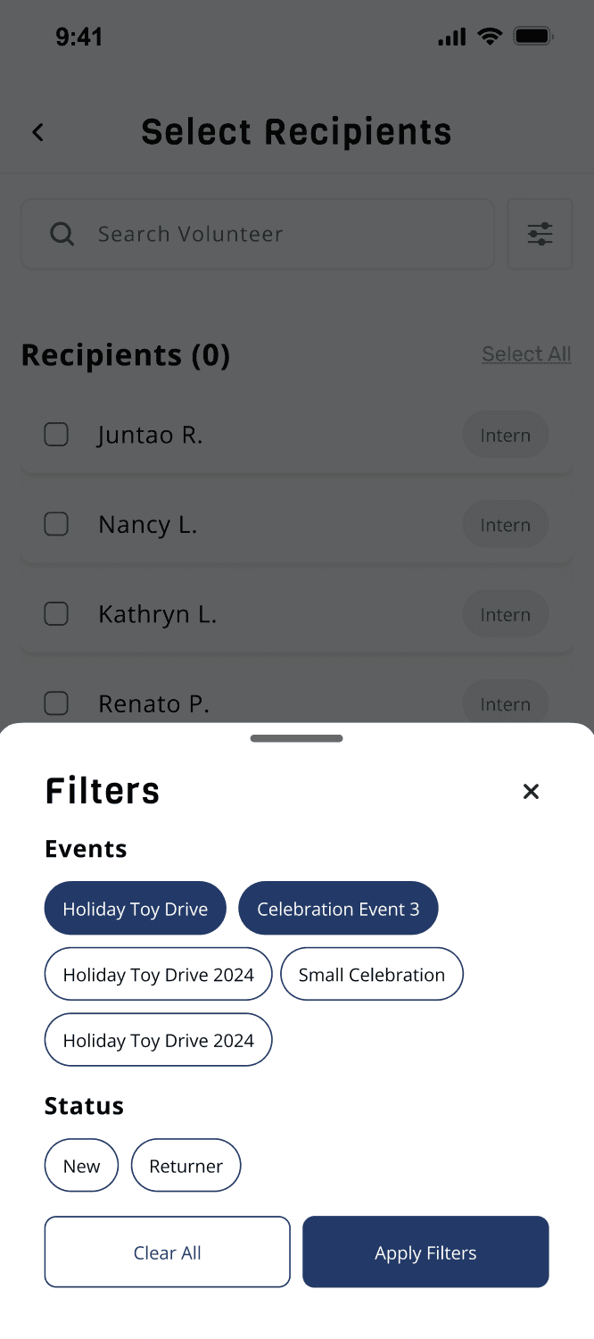 Updated Filters screen after iteration
