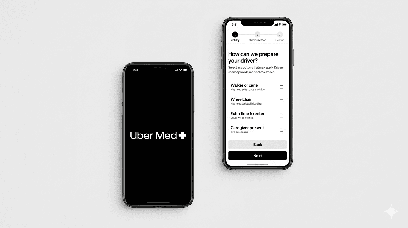 Uber Med+ cover — splash screen and mobility preferences on two phones