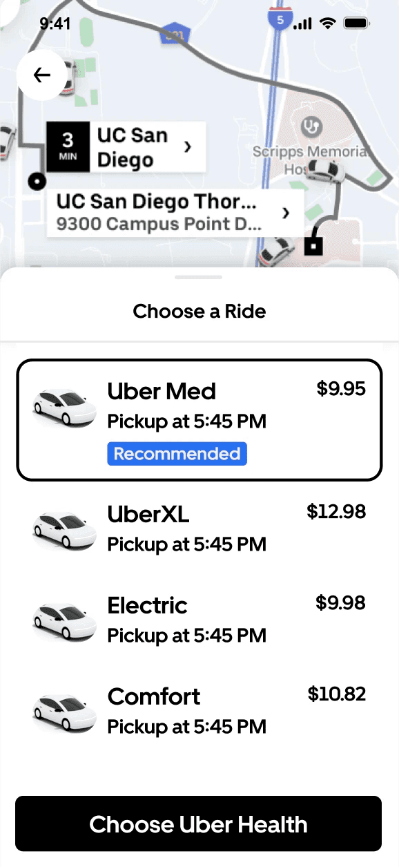 Ride selection screen with Uber Med highlighted as the recommended option.