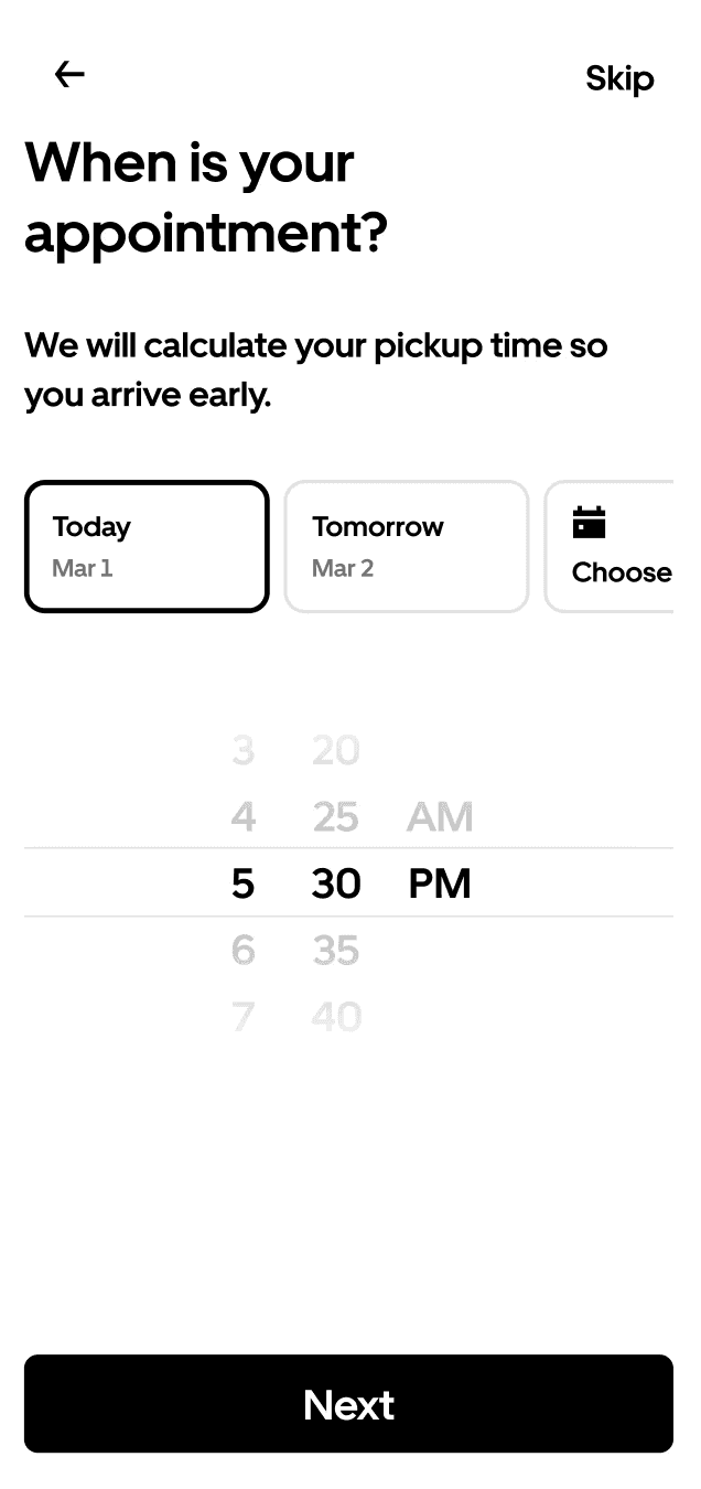 Appointment scheduling screen asking when the appointment is, with date chips and a time picker.
