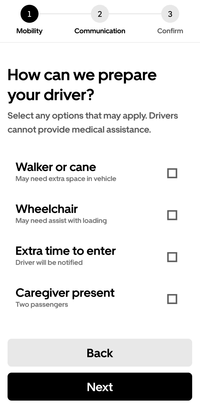 Mobility step with numbered progress, multi-select accommodation options, and Back and Next buttons.